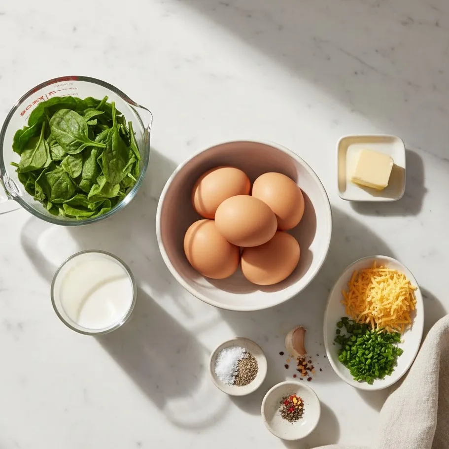Fresh ingredients for scrambled eggs with spinach arranged on a kitchen counter.
