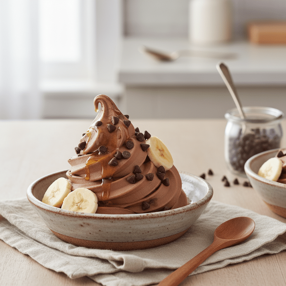 Bowl of creamy chocolate banana ice cream topped with banana slices and chocolate chips on a marble surface.