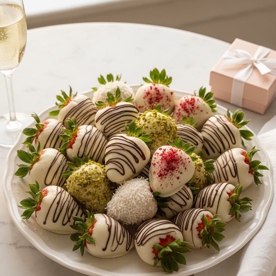 Plate of white chocolate covered strawberries ready to serve.