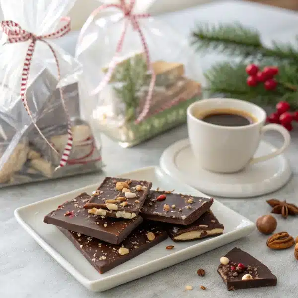 A white plate with pieces of homemade chocolate bark topped with chopped nuts, served with a cup of coffee, and cellophane gift bags filled with treats in the background.