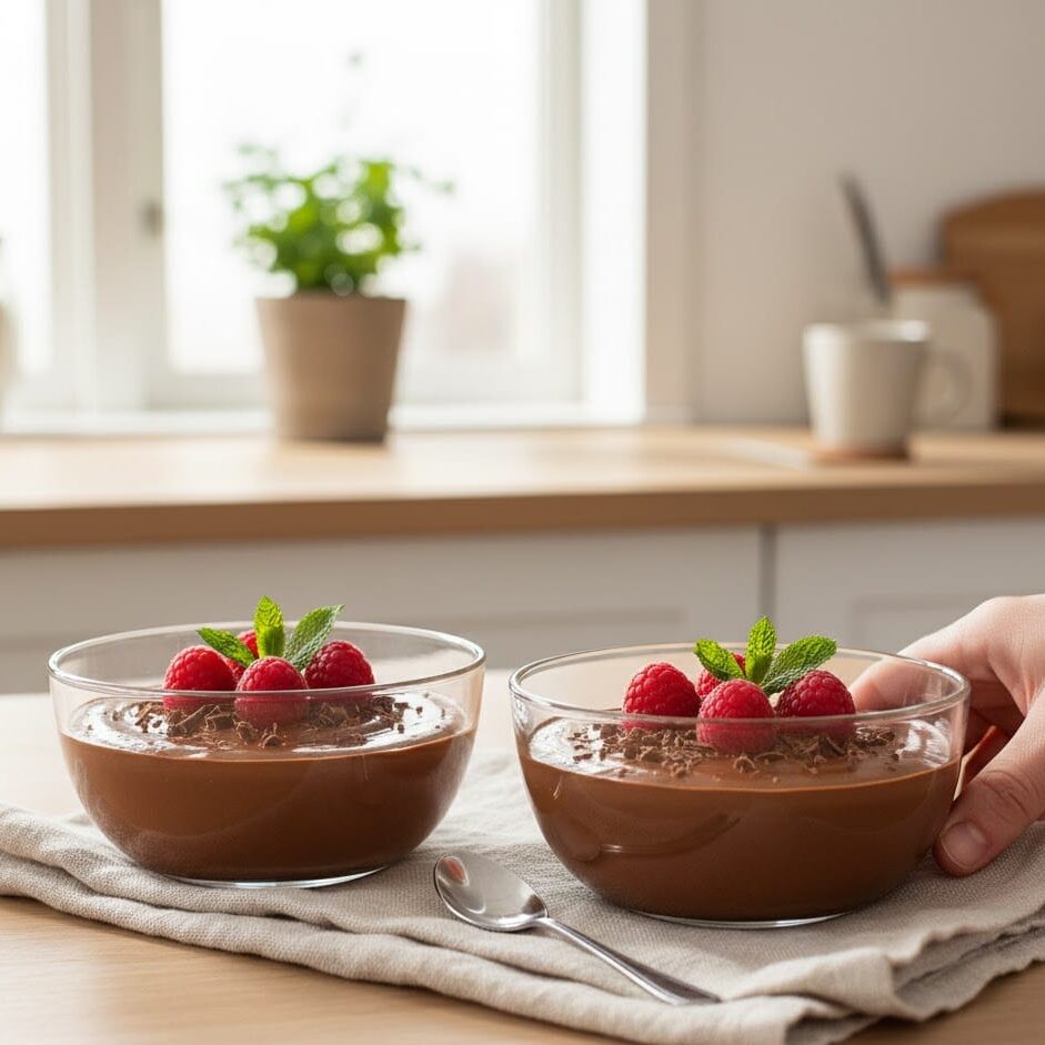 Serving cottage cheese chocolate mousse with raspberries and chocolate shavings