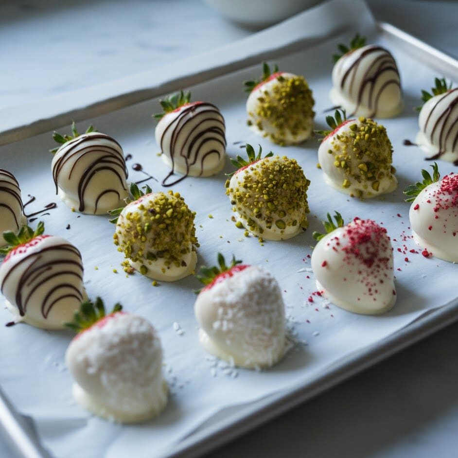 White chocolate dipped strawberries setting on a parchment-lined tray.