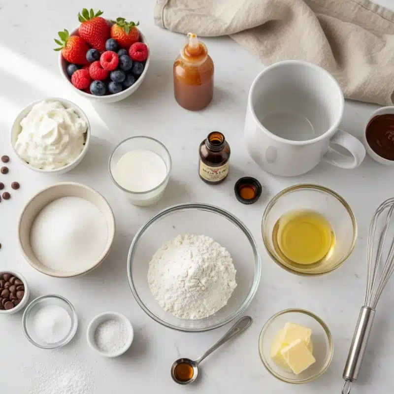 Flat lay of simple vanilla mug cake ingredients, including flour, sugar, butter, oil, milk and vanilla extract, arranged around a white mug and a whisk.