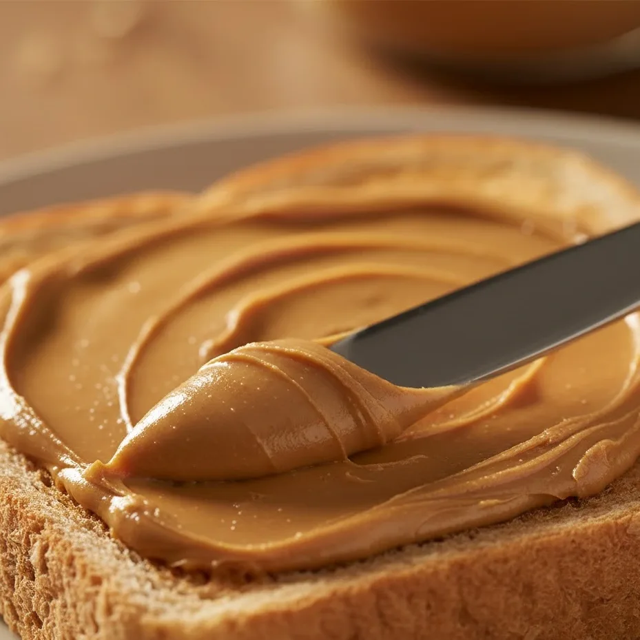 Knife spreading creamy peanut butter on warm toast slice