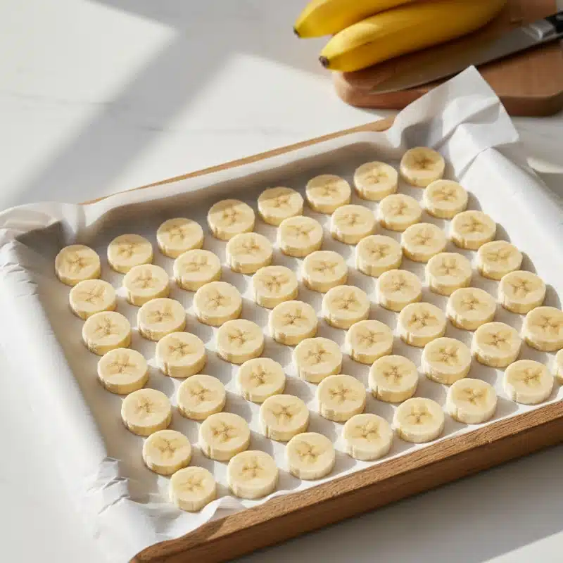 Slices of fresh, peeled banana arranged on a parchment-lined tray for freezing. Essential first step for smooth banana nice cream.
