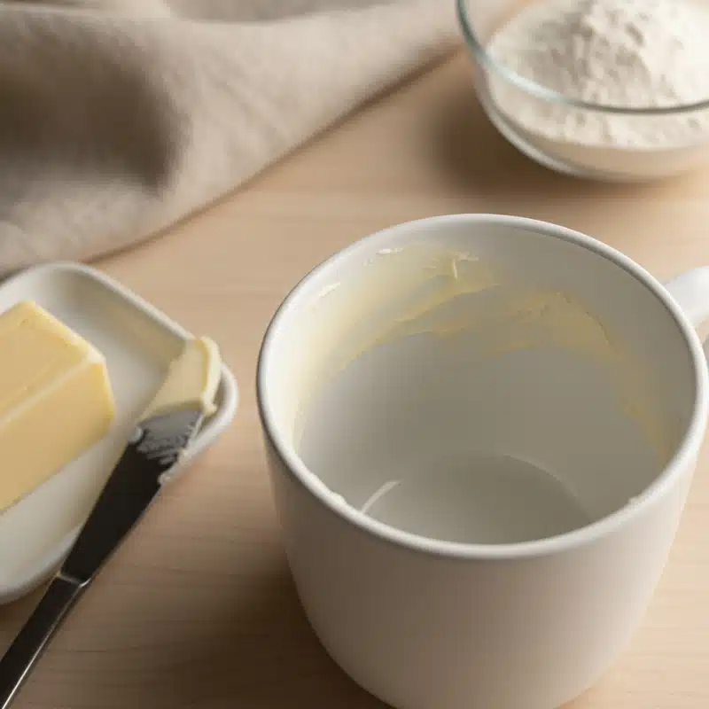 Interior of a white ceramic mug lightly greased with butter for a vanilla mug cake, next to a block of butter and a knife.