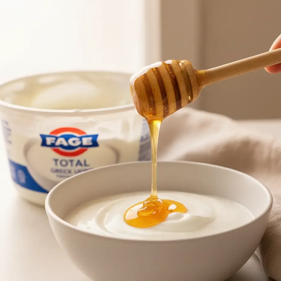 Golden honey drizzling over Greek yogurt from a wooden dipper.