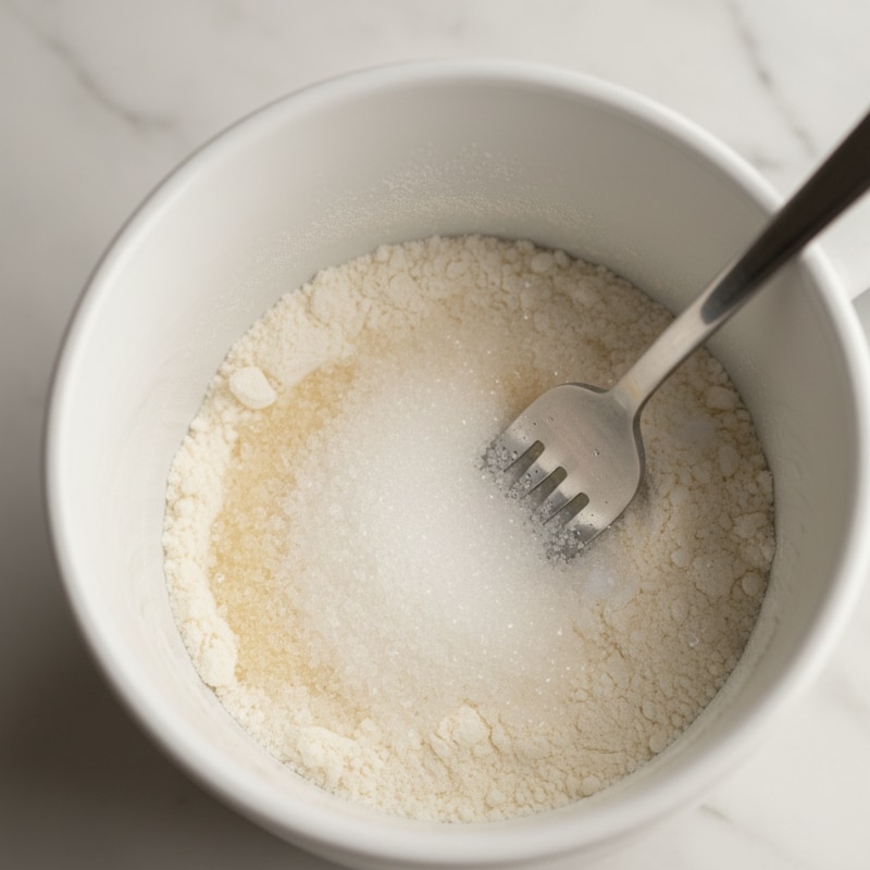 Fork resting in a white mug containing the dry ingredients (flour and sugar) for the vanilla mug cake recipe.