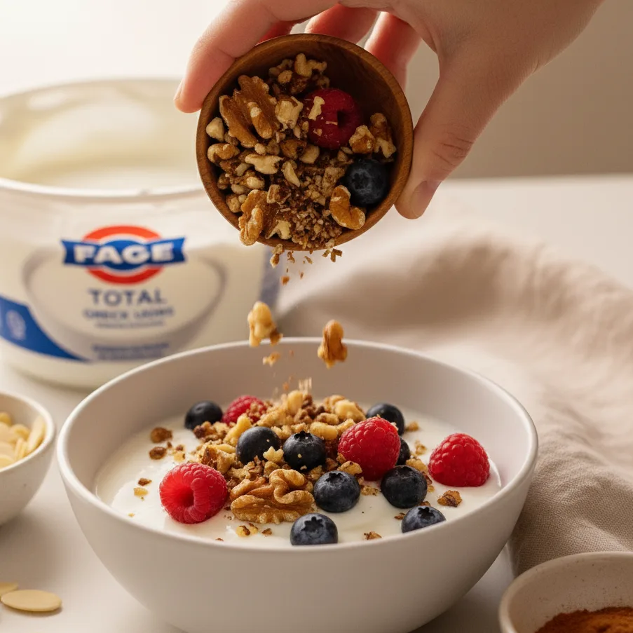 Topping Greek yogurt with berries, walnuts, and almonds.