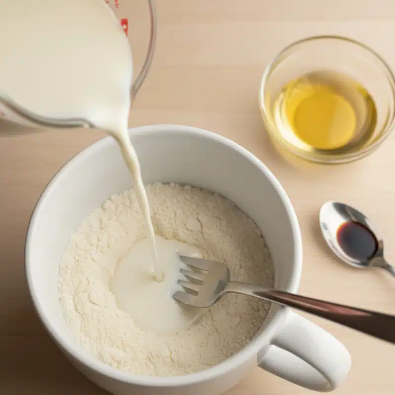 Milk being poured into the dry flour mixture in a white mug, with a bowl of oil and a spoon of vanilla extract visible.