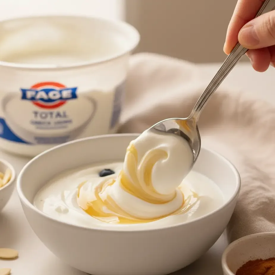 Swirling honey into Greek yogurt with a spoon.