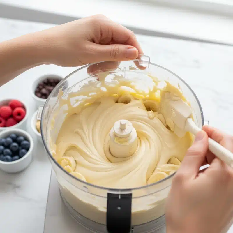 Hands scraping down the sides of a food processor bowl with perfectly smooth, creamy banana nice cream soft-serve. Shows the final blended texture.