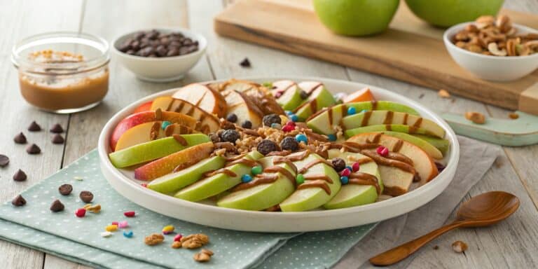 A large white platter of freshly made apple nachos, with crisp apple slices drizzled in caramel and chocolate, and topped with nuts and mini chocolate chips.