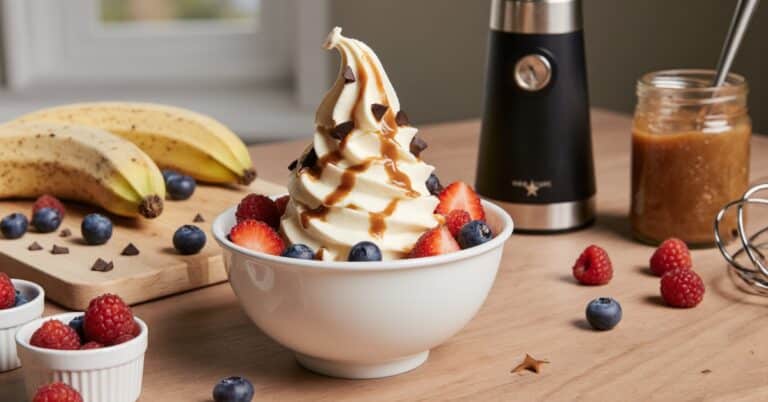 Creamy banana nice cream soft-serve in a white bowl with fresh berries, chocolate, and caramel drizzle, ready to eat. Shows a blender and bananas in the background, promoting a healthy 3-ingredient dessert.
