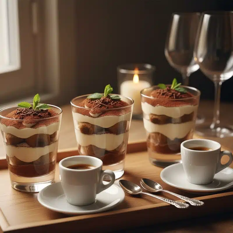 Tray with three individual tiramisu cups garnished with mint and chocolate, two espresso cups, spoons, candles, and wine glasses for a romantic Italian dinner.