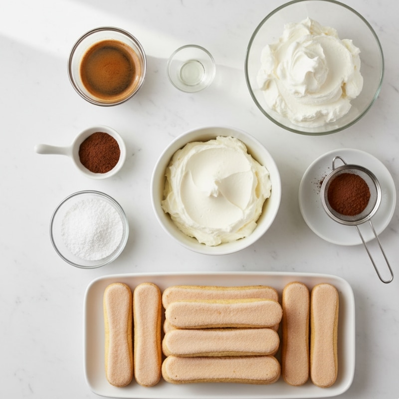 Flat lay of tiramisu ingredients on white marble: espresso, vanilla, whipped cream, espresso powder, powdered sugar, mascarpone, ladyfingers, and cocoa powder.