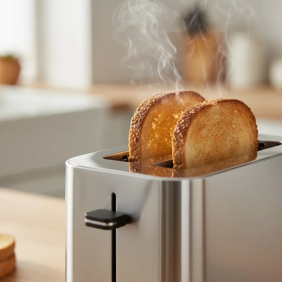 Whole wheat bread toasting to golden brown in a toaster