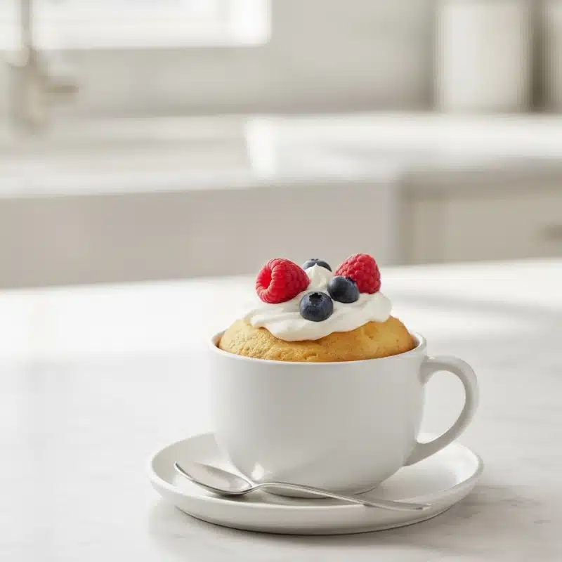 Vanilla mug cake topped with whipped cream, fresh raspberries, and blueberries, served in a white cup and saucer in a modern kitchen setting.