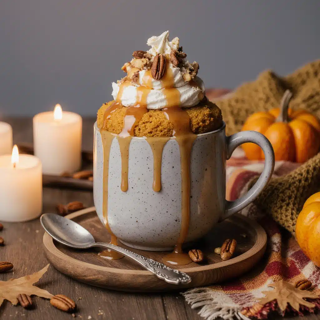 Cozy pumpkin mug cake in a white mug with whipped cream and cinnamon on top.