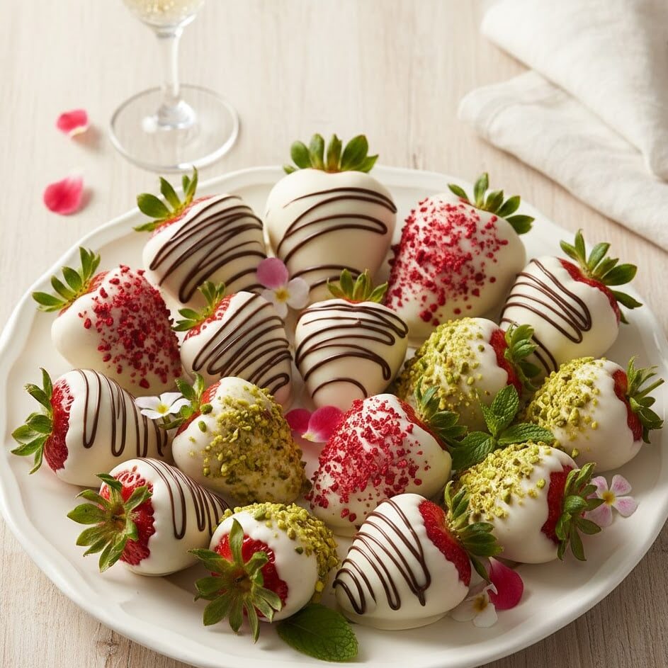Elegant plate of white chocolate covered strawberries with dark chocolate drizzle.