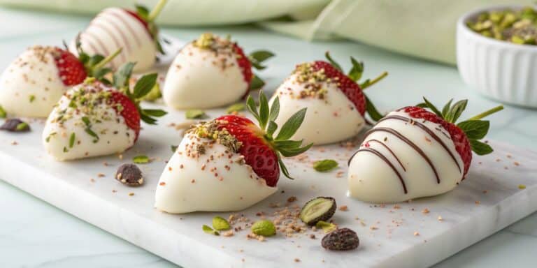Fresh white chocolate covered strawberries decorated with nuts and chocolate drizzle on marble.