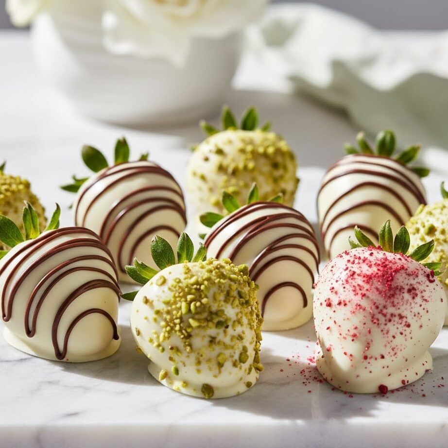White chocolate covered strawberries decorated with drizzles and nuts on marble surface.
