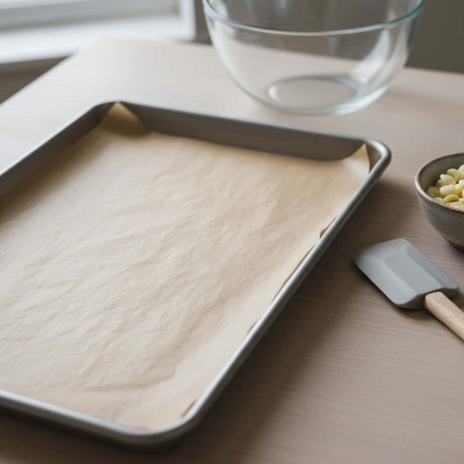 Baking sheet lined with parchment paper for setting chocolate covered strawberries.