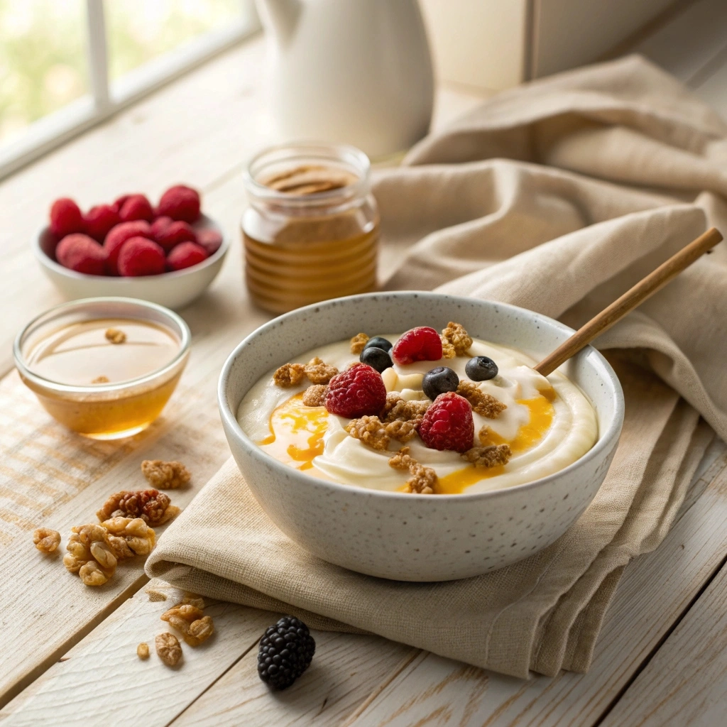 Woman preparing Greek yogurt with honey in a bright kitchen.