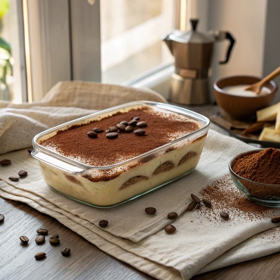 A finished dish of easy homemade tiramisu, dusted with cocoa powder and garnished with coffee beans, set in a cozy kitchen scene.