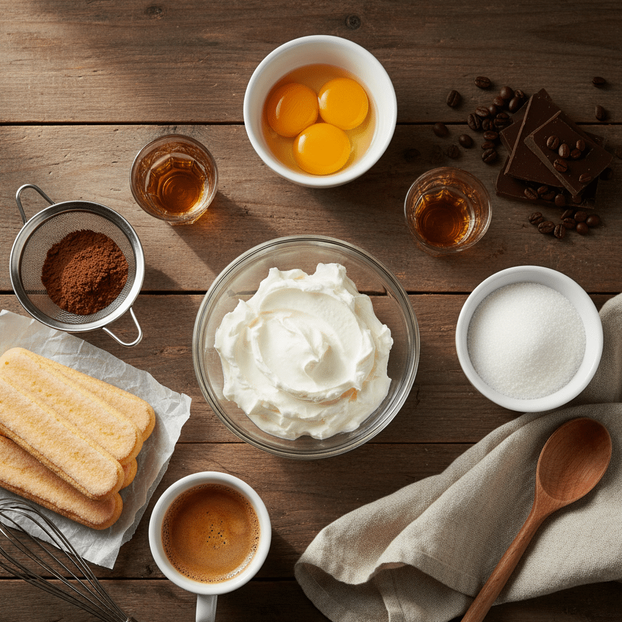 Ingredients for the easy tiramisu recipe, including mascarpone, eggs, ladyfingers, and coffee, laid out on a wooden surface.