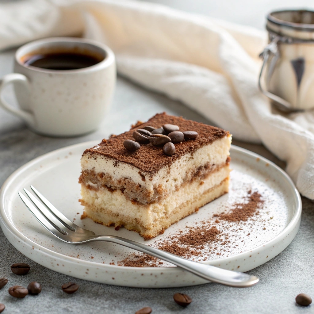 A perfect square slice from the easy tiramisu recipe on a plate with a fork, topped with cocoa and coffee beans, with a cup of espresso in the background.