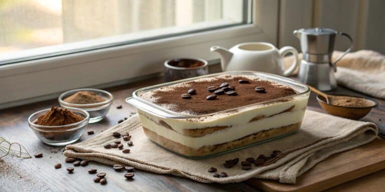 A perfect slice of homemade easy tiramisu on a white plate, showing creamy layers and a dark cocoa powder dusting.