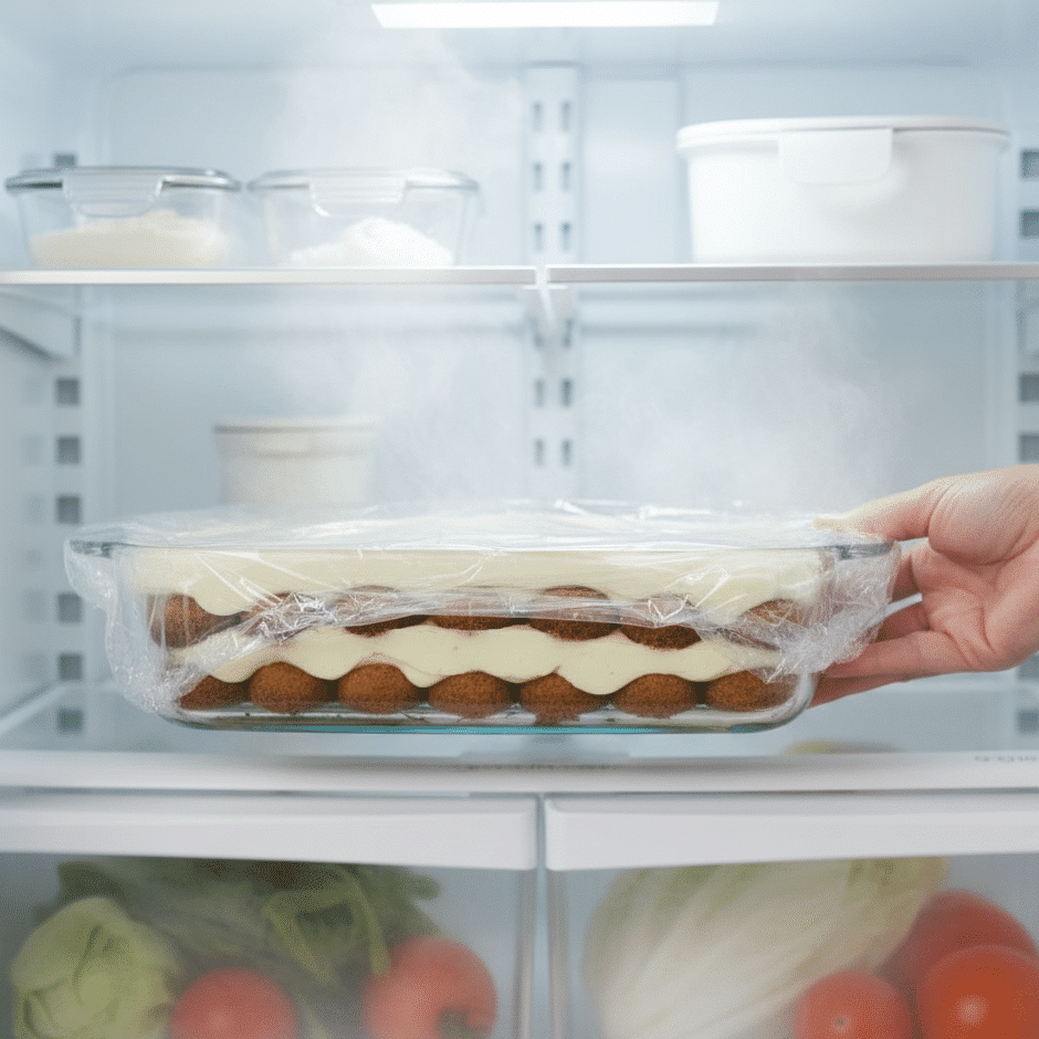 A hand covering the dish of assembled tiramisu with plastic wrap before chilling.