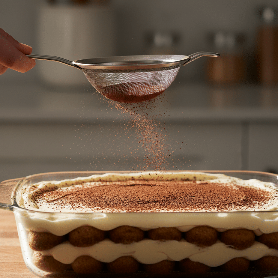 Dusting the top of the finished tiramisu with unsweetened cocoa powder through a fine-mesh sieve.