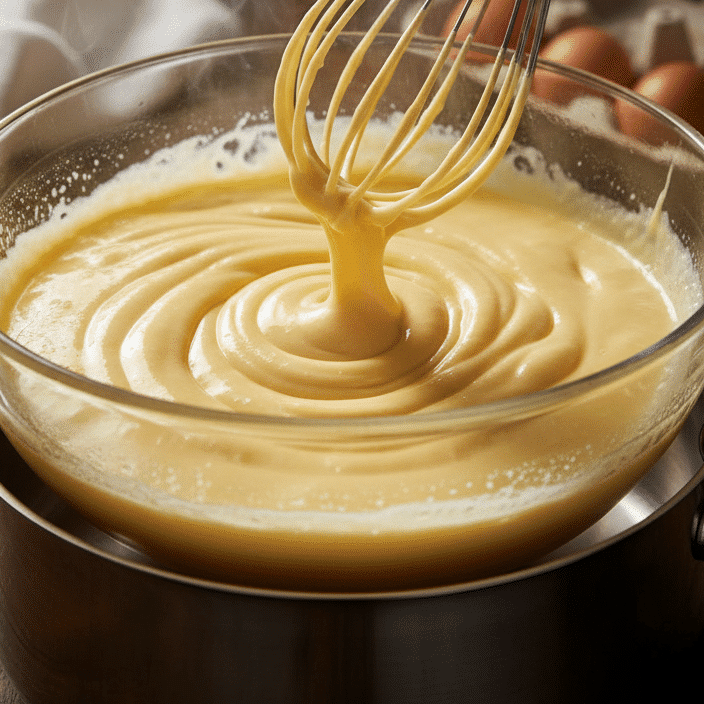Whisking egg yolks and sugar in a bowl over a double boiler until pale and thick for the easy tiramisu recipe.