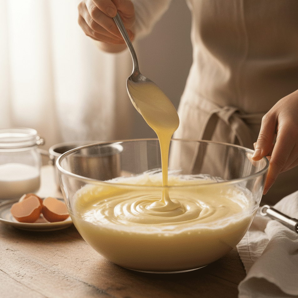 A spoon coated with the thick, pale zabaglione mixture for the easy tiramisu recipe.