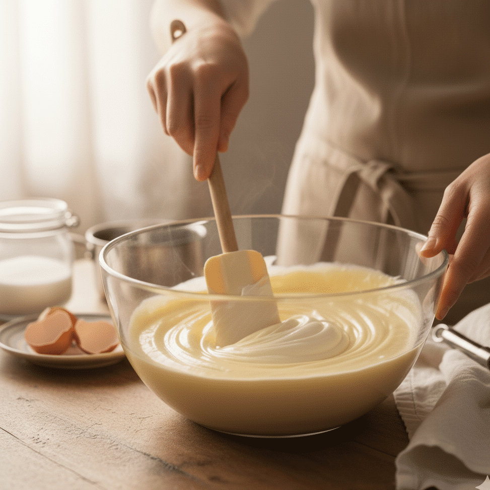 Folding smooth mascarpone cheese into the egg yolk mixture with a spatula for the easy tiramisu recipe.