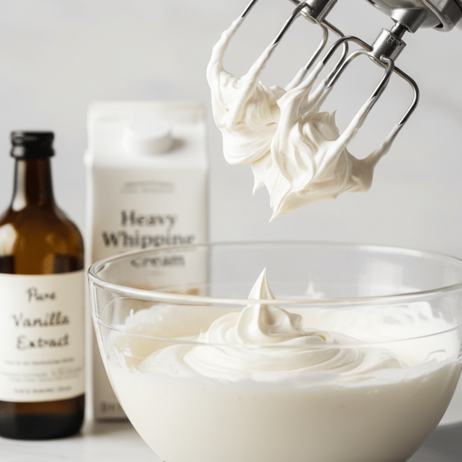 An electric mixer whipping heavy cream to stiff peaks in a bowl for the tiramisu mascarpone cream.
