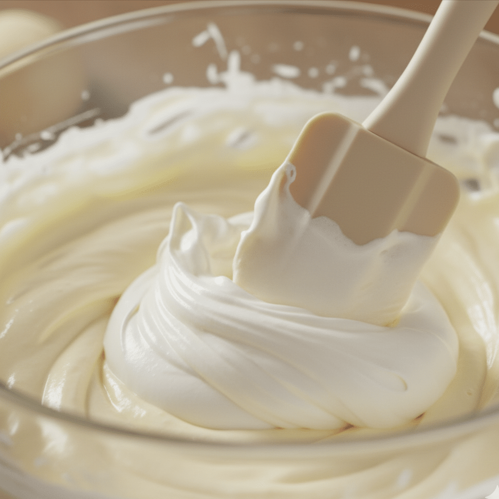 Gently folding whipped cream into the mascarpone mixture in a large bowl to make the tiramisu filling.