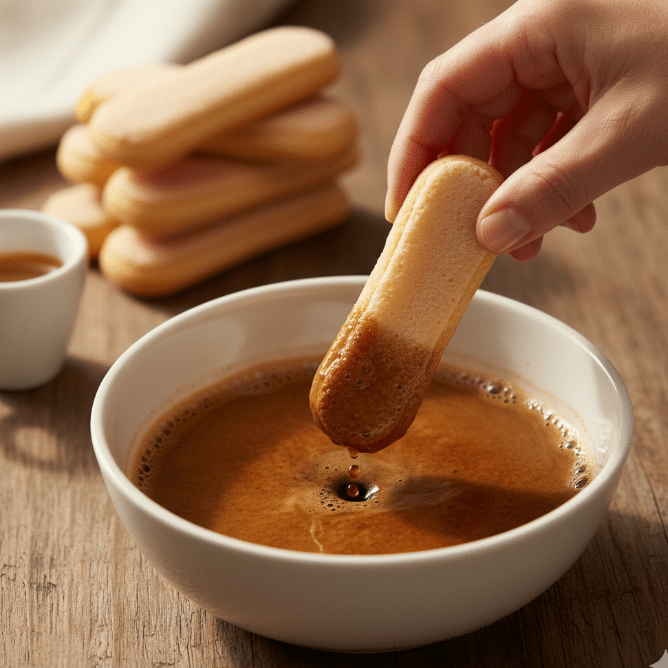 A single layer of coffee-soaked ladyfingers arranged in a glass dish for the first layer of the easy tiramisu recipe.