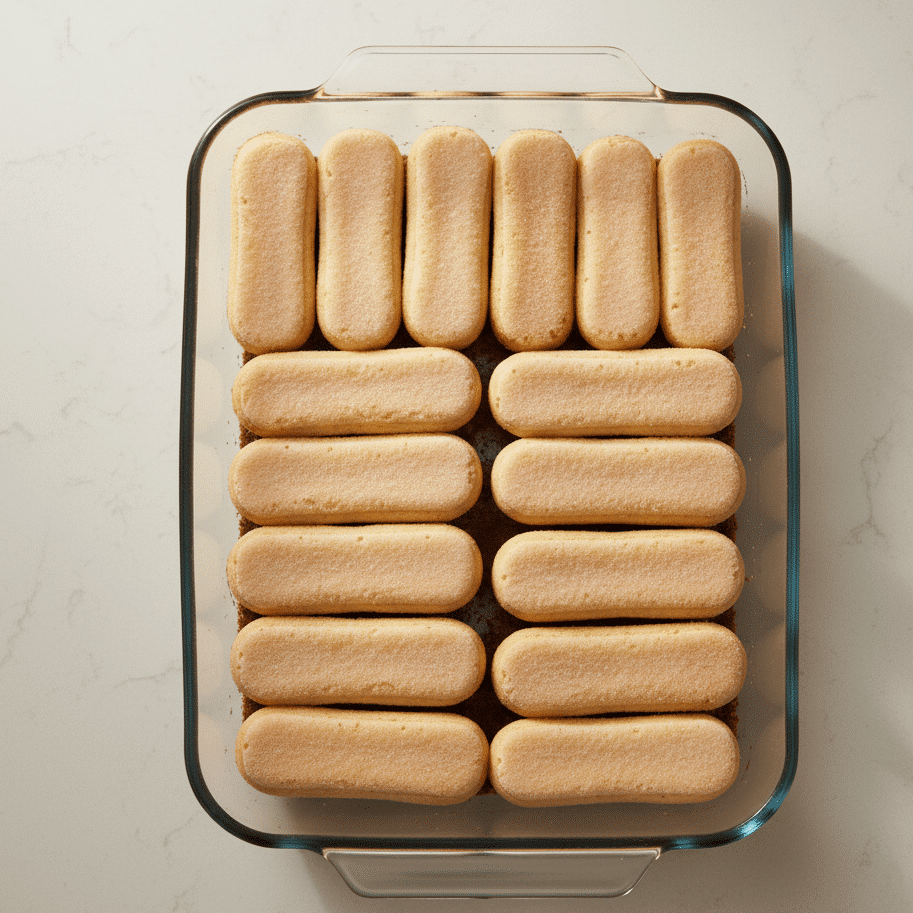  Spreading a smooth layer of mascarpone cream over ladyfingers in a baking dish for the easy tiramisu recipe.