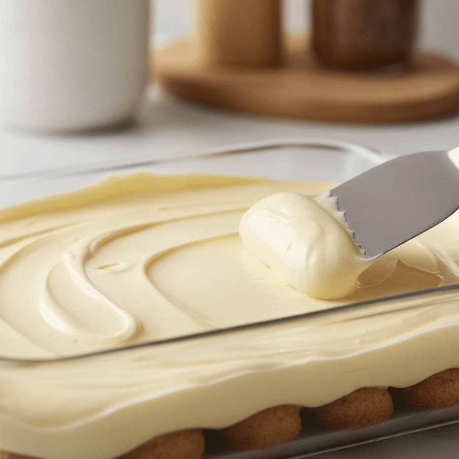 The second layer of ladyfingers and mascarpone cream assembled in the dish for the easy tiramisu recipe.