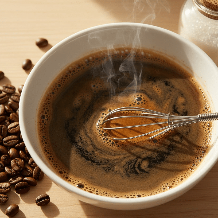  A hand stirring cooled espresso and sugar in a shallow bowl for the easy tiramisu recipe coffee mixture.