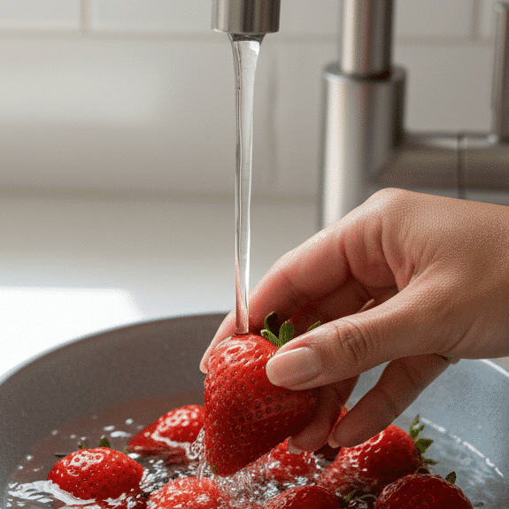 A close-up of hands washing and removing the green stems from ripe strawberries over a colander, preparing them for a strawberry milkshake.