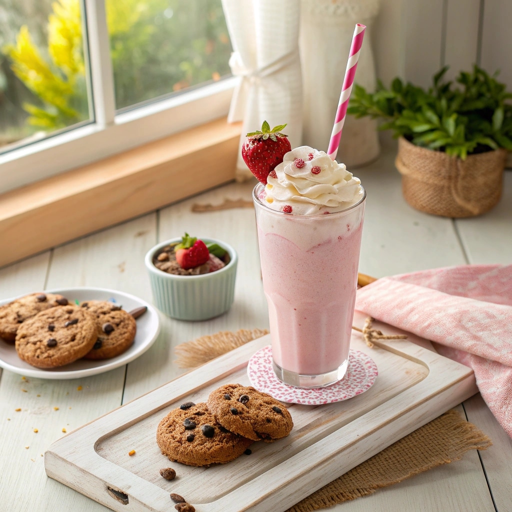The perfect afternoon treat: a cold, creamy, and refreshing homemade strawberry milkshake.