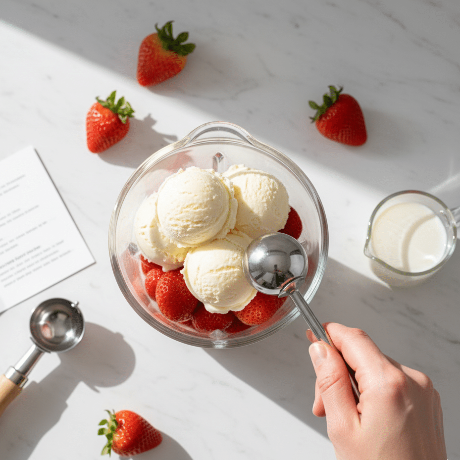 A blender container being filled with fresh, hulled strawberries as the first step in making a homemade strawberry milkshake.