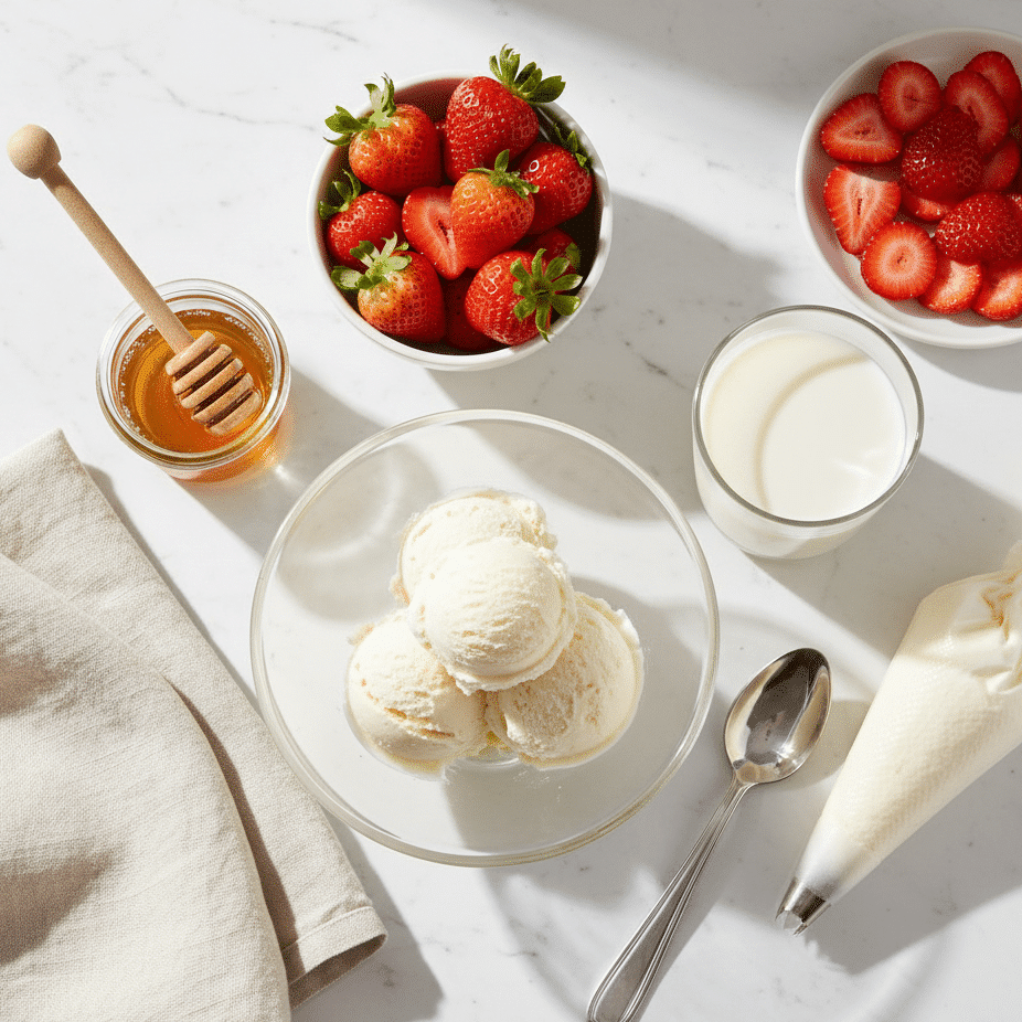 Ingredients for a strawberry milkshake laid out on a clean surface: fresh red strawberries, a carton of milk, a tub of vanilla ice cream, and a small bowl of sugar.