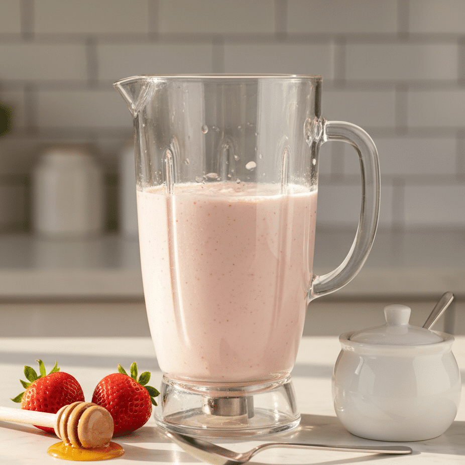 A person tasting the blended strawberry milkshake from a spoon to check its sweetness before pouring.