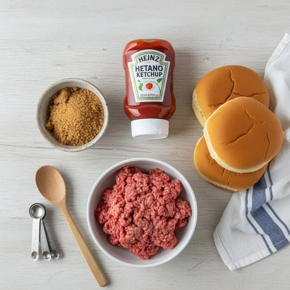 Ingredients for easy sloppy joe recipe 3 ingredients ground beef, ketchup, brown sugar, and buns.