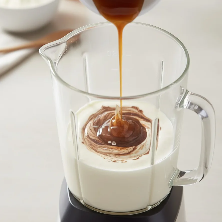 Cocoa powder and maple syrup added to blended cottage cheese mixture.
